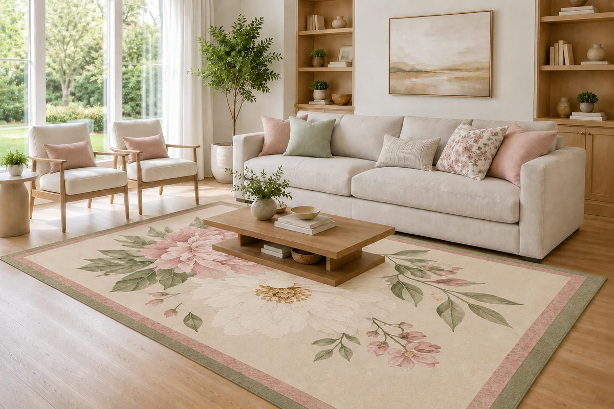 ICE ARMOR Large 6'7" x 9'10" Blush and Sage Green Classic Floral Frame Area Rug for Living Room, Soft Low Pile Carpet with Non-Slip Silicone Backing, Decor for Bedroom and Home Office