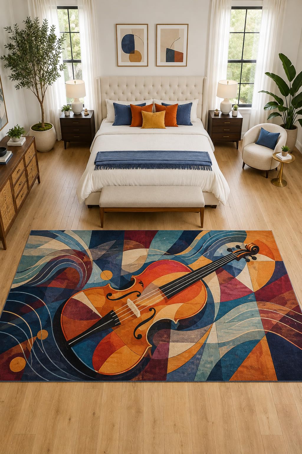ICE ARMOR "Ultra Light Weight Large 6'7" x 9'10" Abstract Violin Wave Rug, Soft Low Pile Indoor Rug, Non-Slip Silicone Backing for Bedroom Blue