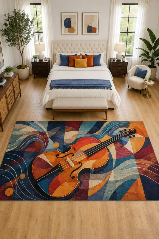 ICE ARMOR "Ultra Light Weight Large 6'7" x 9'10" Abstract Violin Wave Rug, Soft Low Pile Indoor Rug, Non-Slip Silicone Backing for Bedroom Blue