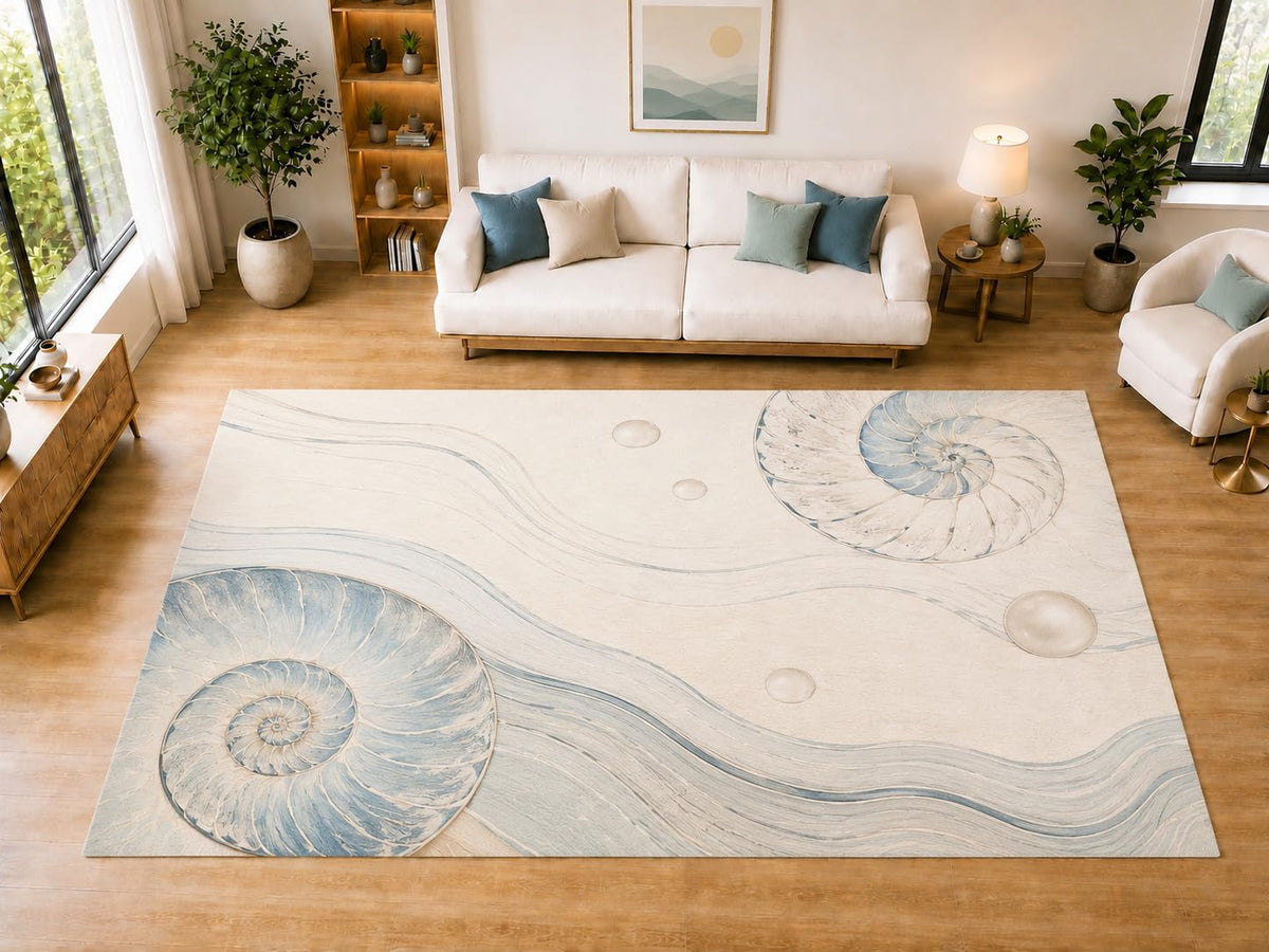 ICE ARMOR "Ultra Light Weight Large 6'7" x 9'10" Nautilus Pearl Waves Area Rug for Dining, Living Room, Bedroom, Soft Low Pile Indoor Rug with Non-Slip Silicone Backing, Blue Ivory