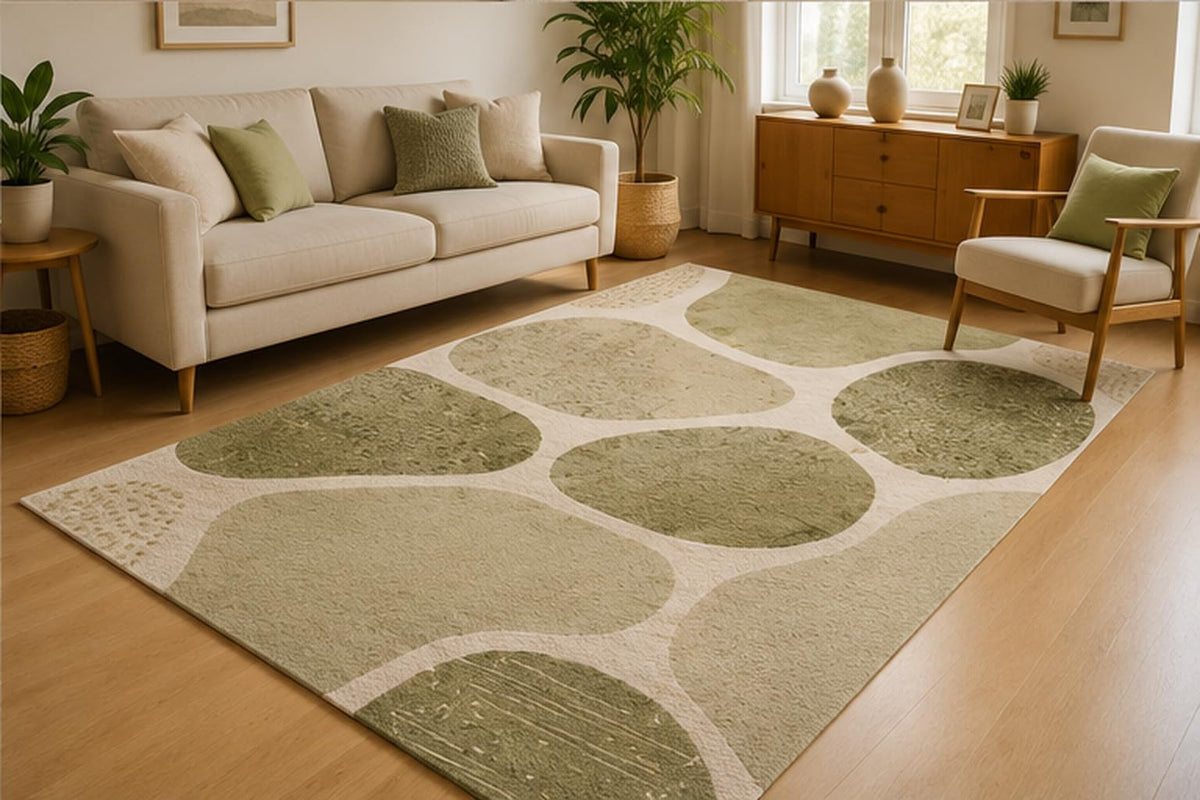 ICE ARMOR 5' x 7' Sage Pebble Geometric Area Rug for Living Room, Soft Low Pile Indoor Rug with Non-Slip Silicone Backing, Scandinavian Carpet for Bedroom, Office, Family Room, Sage Green Beige