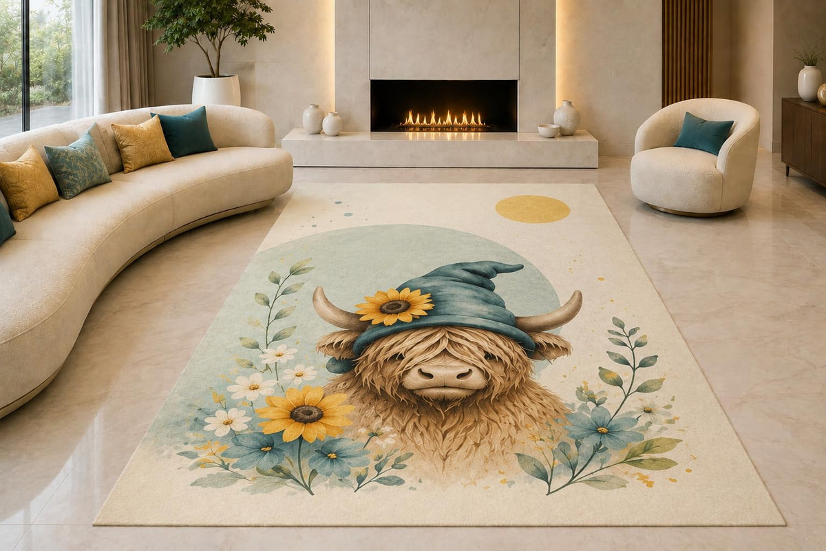 ICE ARMOR "Ultra Lightweight Large 6'7" x 9'10" Sunflower Highland Cow Area Rug for Living Room, Bedroom and Home Office, Soft Low Pile Carpet with Non-Slip Silicone Backing, Cream and Blue