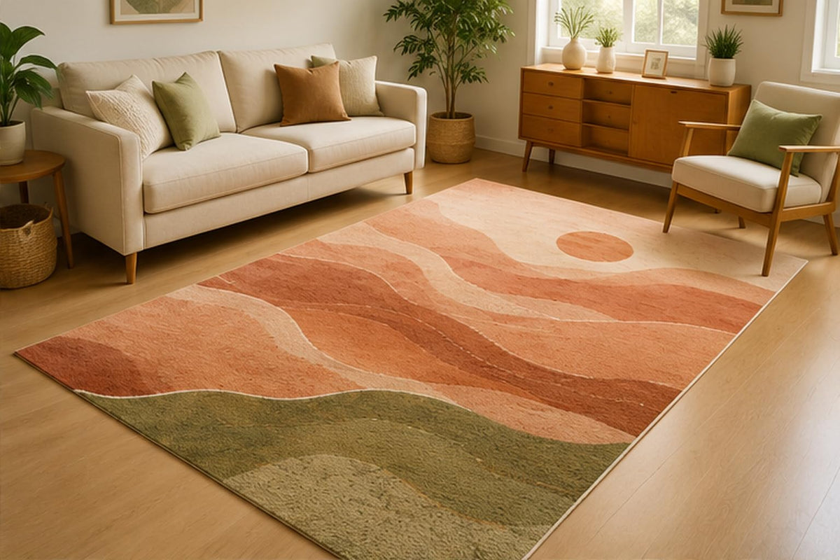 ICE ARMOR 5' x 7' Desert Horizon Abstract Area Rug for Living Room, Soft Low Pile Indoor Rug with Non-Slip Silicone Backing, Modern Carpet for Bedroom, Office, Family Room, Terracotta Sage Beige