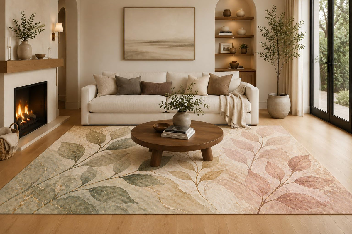 ICE ARMOR 6'7" x 9'10" Sage Green, Blush and Cream Pastel Botanical Branches Area Rug for Living Room, Soft Low Pile with Non-Slip Backing, Bedroom, Dining Area and Office Decor