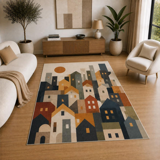 ICE ARMOR 5' x 7' Modern City Houses Area Rug for Living Room, Soft Low Pile Indoor Rug with Non-Slip Silicone Backing, Decorative Carpet for Bedroom, Playroom, Kids & Pets, Multicolor