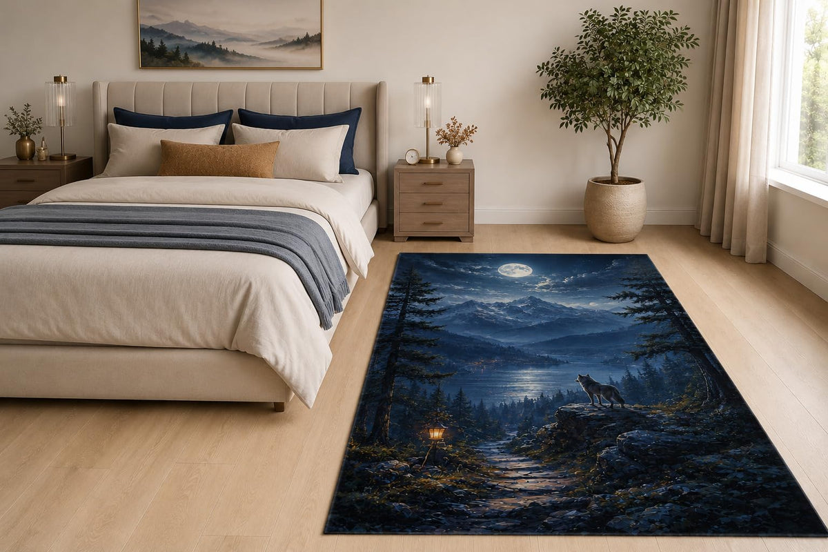 ICE ARMOR "Ultra Light Weight 5' x 7' Moonlit Wolf Lake Area Rug for Living Room, Bedroom and Home Office, Soft Low Pile Carpet with Non-Slip Silicone Backing, Navy Blue and Black