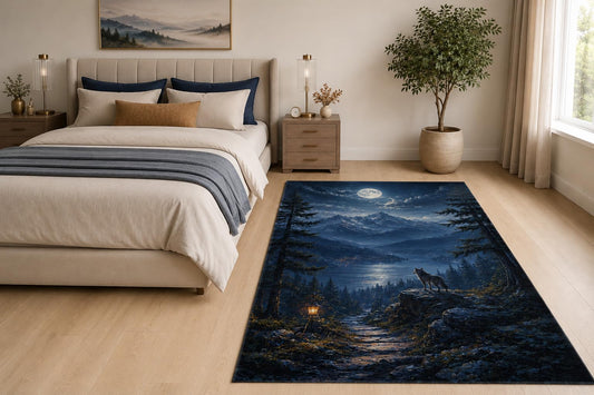 ICE ARMOR "Ultra Light Weight 5' x 7' Moonlit Wolf Lake Area Rug for Living Room, Bedroom and Home Office, Soft Low Pile Carpet with Non-Slip Silicone Backing, Navy Blue and Black