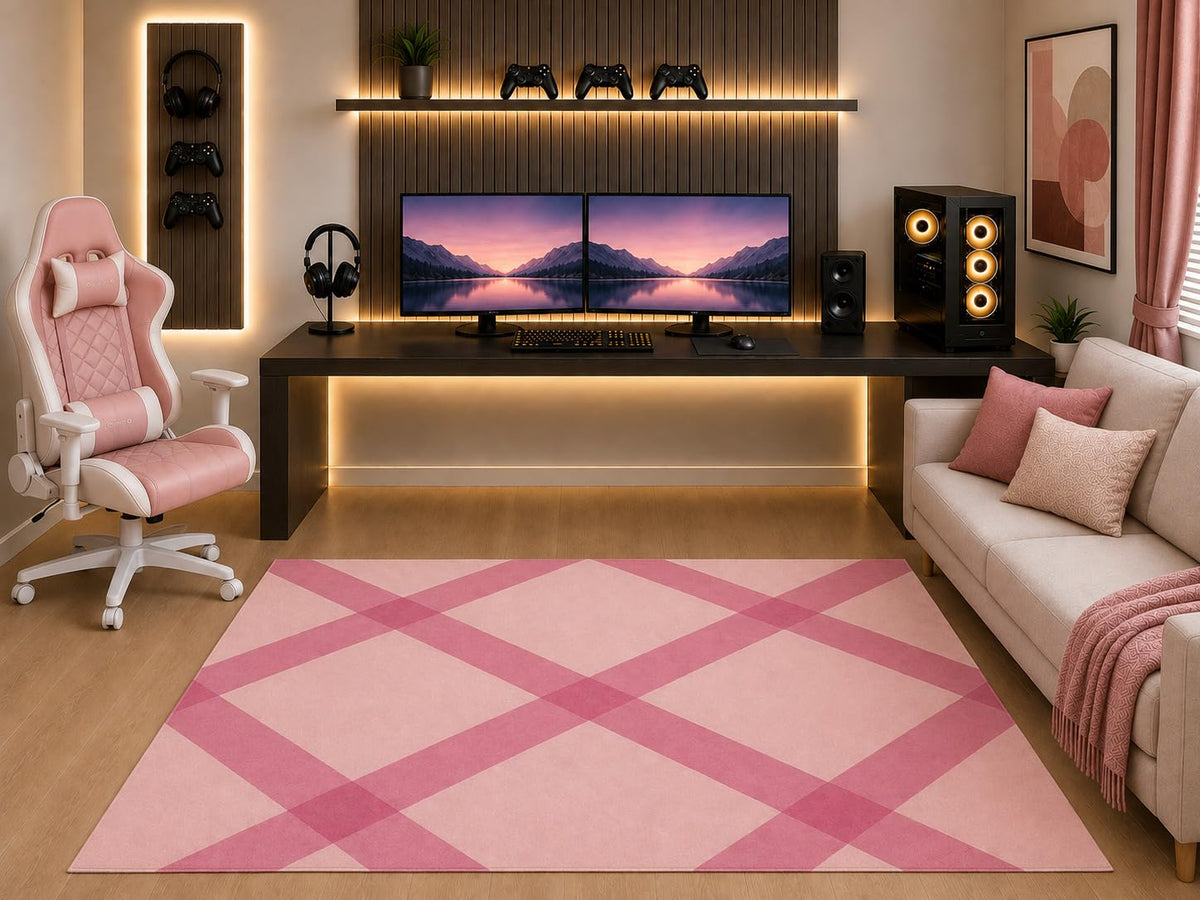ICE ARMOR "Ultra Light Weight 5' x 7' Pink Lattice Area Rug Modern Crisscross Geometric Pattern for Girls Teen Bedroom Gaming Room Playroom Non-Slip Silicone Backing Low Pile