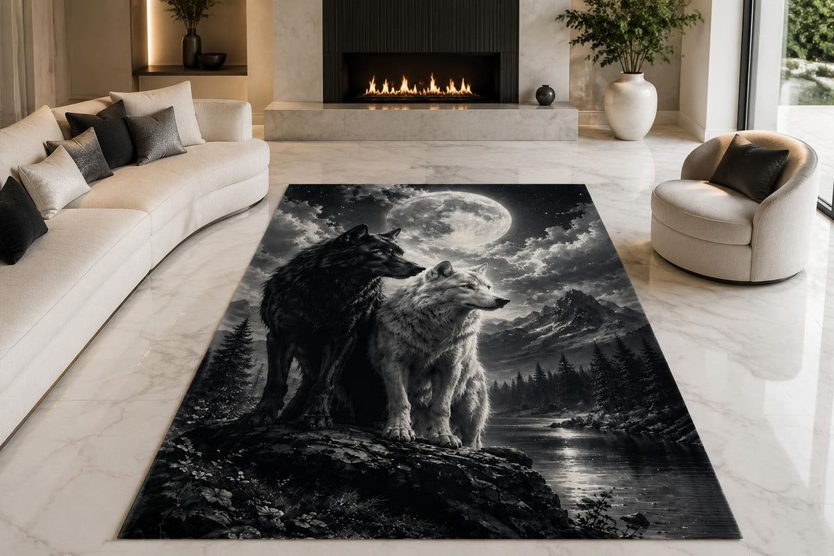 ICE ARMOR "Ultra Lightweight Large 6'7" x 9'10" Lunar Wolf Guardians Area Rug for Living Room, Bedroom and Home Office, Soft Low Pile Carpet with Non-Slip Silicone Backing, Black and Gray