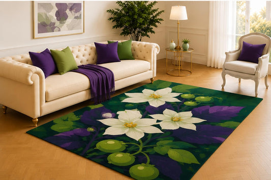 ICE ARMOR 5' x 7' Nightshade Bloom Rug, White Star Flowers, Purple Leaves and Green Berries on Deep Teal, Dramatic Floor Decor for Bedroom, Lounge or Office