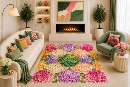 ICE ARMOR "Ultra Light Weight 5' x 7' Colorful Hydrangea Floral Area Rug Botanical Garden Art Pink Purple Green for Living Room Bedroom Dining Room Non-Slip Silicone Backing Low Pile