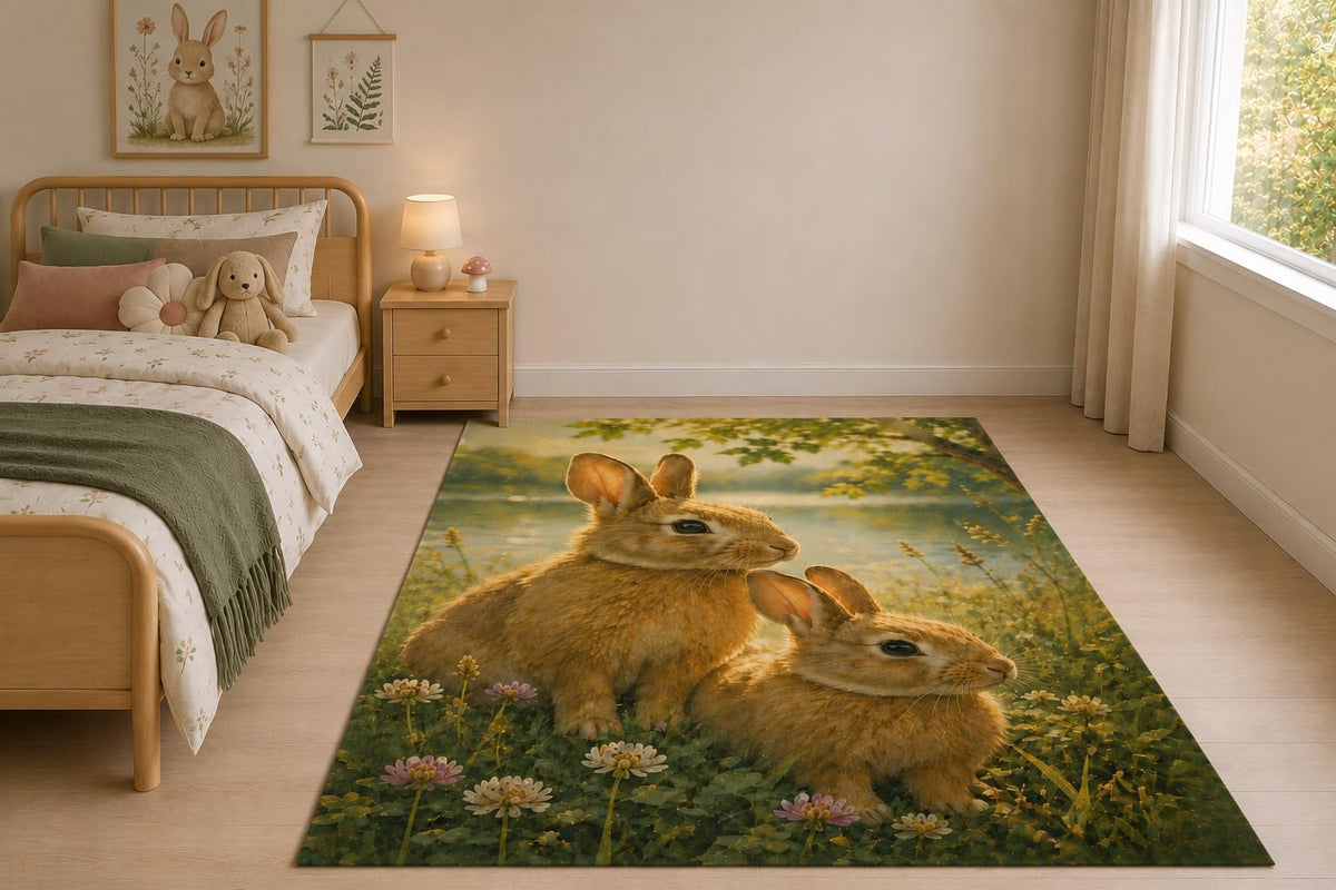 ICE ARMOR "Ultra Thin 5' x 7" Meadow Rabbit Pair Area Rug for Living Room, Bedroom and Home Office, Soft Low Pile Carpet with Non-Slip Silicone Backing, Brown and Green