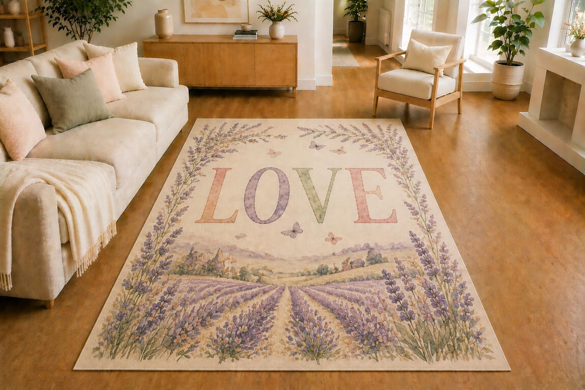 ICE ARMOR 5' x 7' Lavender Field Love Area Rug, Soft Low Pile Indoor Rug with Non-Slip Silicone Backing for Living Room, Bedroom, Office, Family Room, Cream Lavender Green