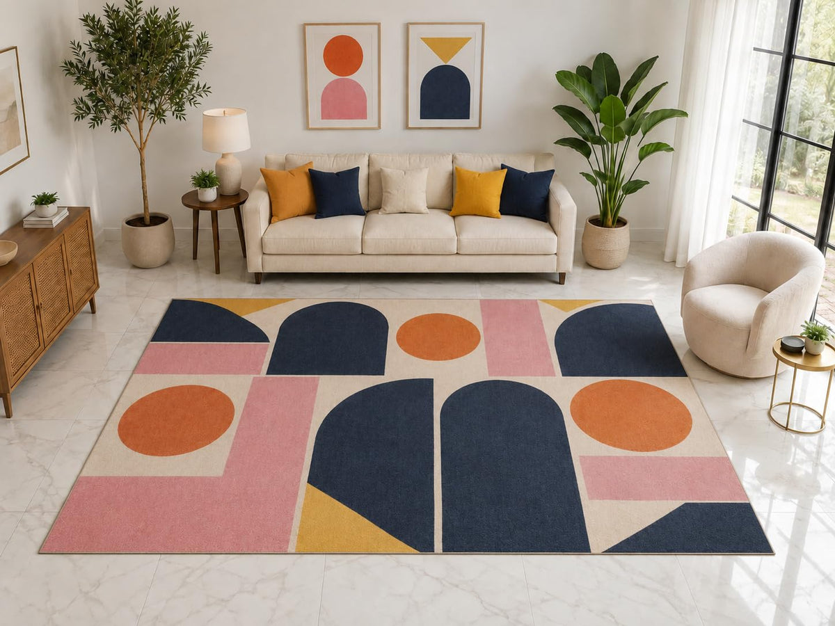 ICE ARMOR "Ultra Light Weight Large 6'7" x 9'10" Mid Century Arch Area Rug Carpet Soft Low Pile Indoor Rug and Non-Slip Silicone Backing Navy