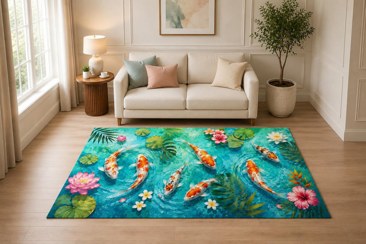 ICE ARMOR "Ultra Light Weight 5' x 7' Vibrant Koi Pond Area Rug for Living Room, Bedroom and Home Office, Soft Low Pile Carpet with Non-Slip Silicone Backing, Turquoise and Orange
