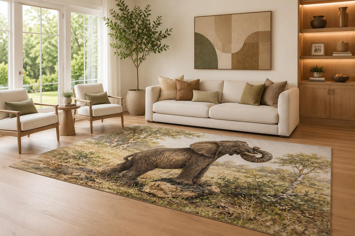 ICE ARMOR Large 6'7" x 9'10" Brown and Beige Elephant Family Area Rug for Living Room, Soft Low Pile Carpet with Non-Slip Silicone Backing, Decor for Bedroom and Home Office