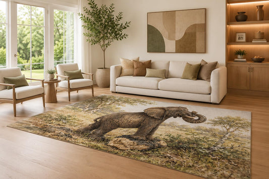 ICE ARMOR Large 6'7" x 9'10" Brown and Beige Elephant Family Area Rug for Living Room, Soft Low Pile Carpet with Non-Slip Silicone Backing, Decor for Bedroom and Home Office