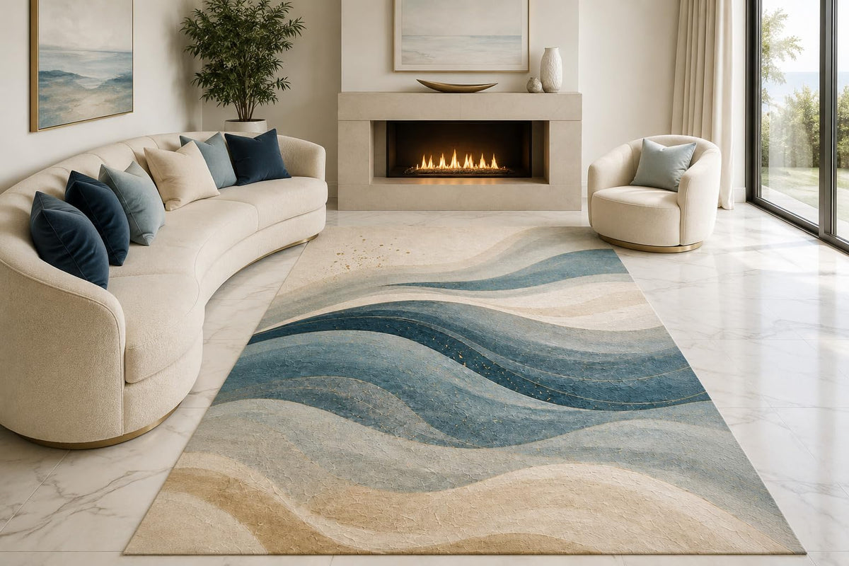 ICE ARMOR "Ultra Lightweight Large 6'7" x 9'10" Layered Ocean Waves Area Rug for Living Room, Bedroom and Home Office, Soft Low Pile Carpet with Non-Slip Silicone Backing, Blue and Cream