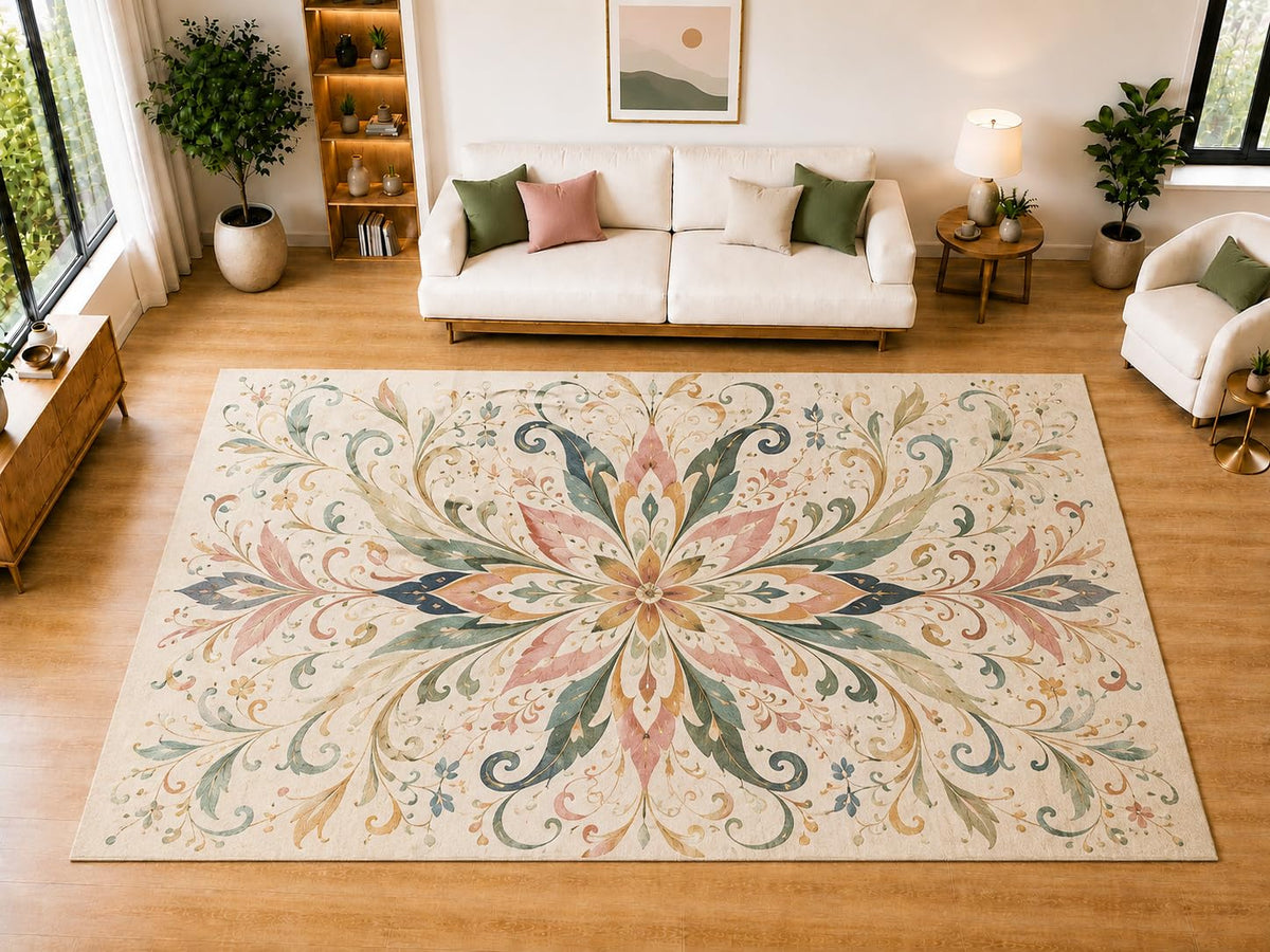 ICE ARMOR "Ultra Light Weight Large 6'7" x 9'10" Pastel Botanical Flourish Area Rug for Living Room, Bedroom, Dining Room, Soft Low Pile Non-Slip Backing, Sage Blush