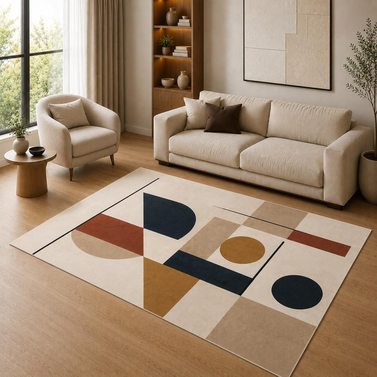 ICE ARMOR 5' x 7' Modern Abstract Geometric Shapes Area Rug for Living Room, Soft Low Pile Indoor Rug with Non-Slip Silicone Backing, Decorative Carpet for Bedroom, Office, Family Room, Beige