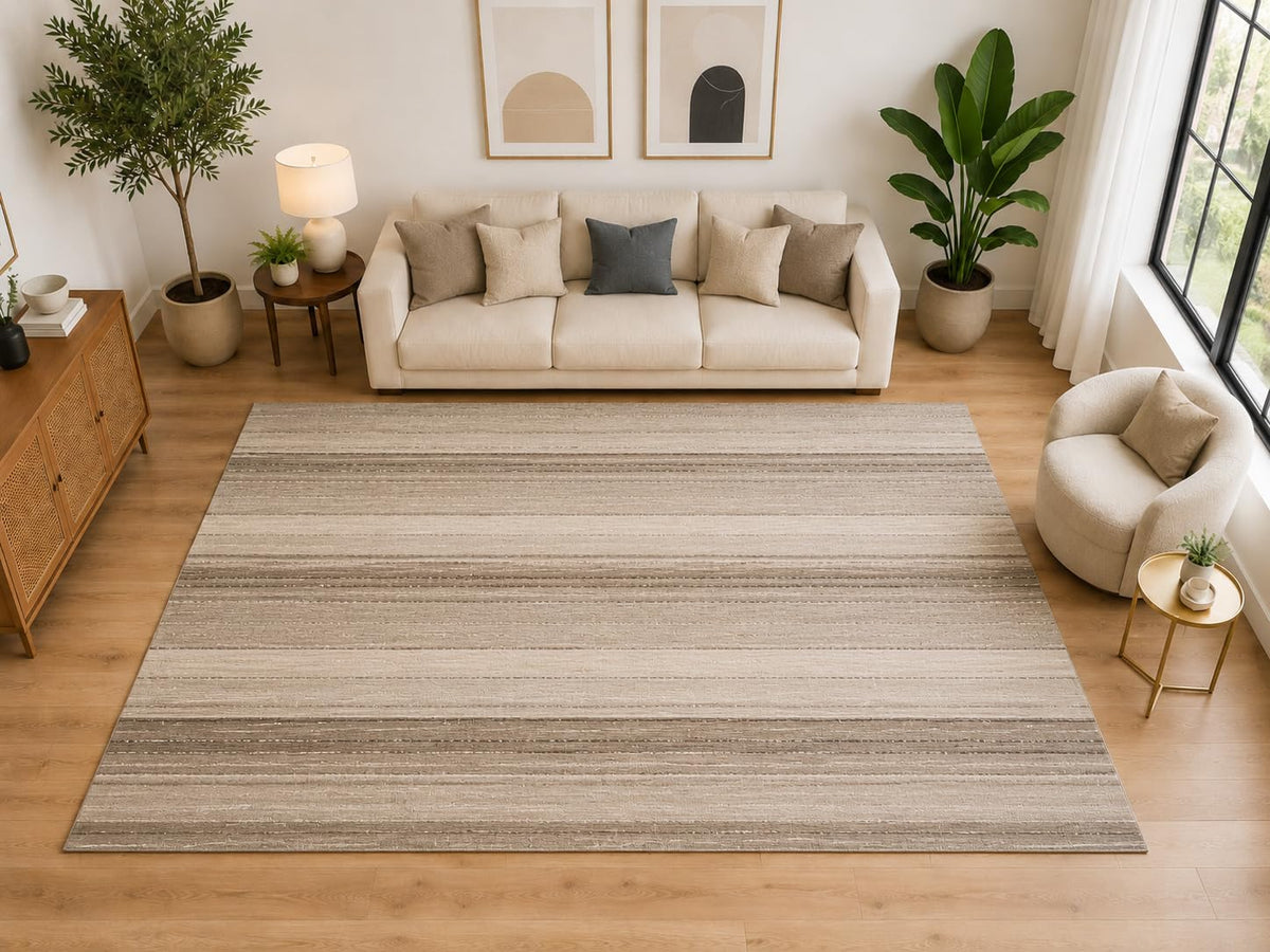 ICE ARMOR "Ultra Light Weight Large 6'7" x 9'10" Modern Horizontal Stripe Area Rug for Living Room Office, Soft Low Pile Indoor Rug, Non-Slip Silicone Backing, Taupe