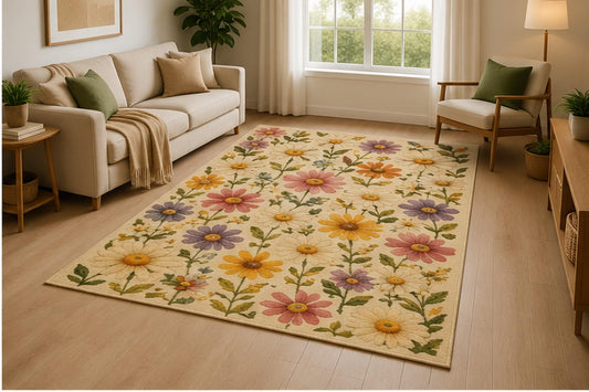 ICE ARMOR 5' x 7' Cottage Garden Floral Area Rug for Living Room, Soft Low Pile Indoor Rug with Non-Slip Silicone Backing, Decorative Carpet for Bedroom, Nursery, Office, Family Room,