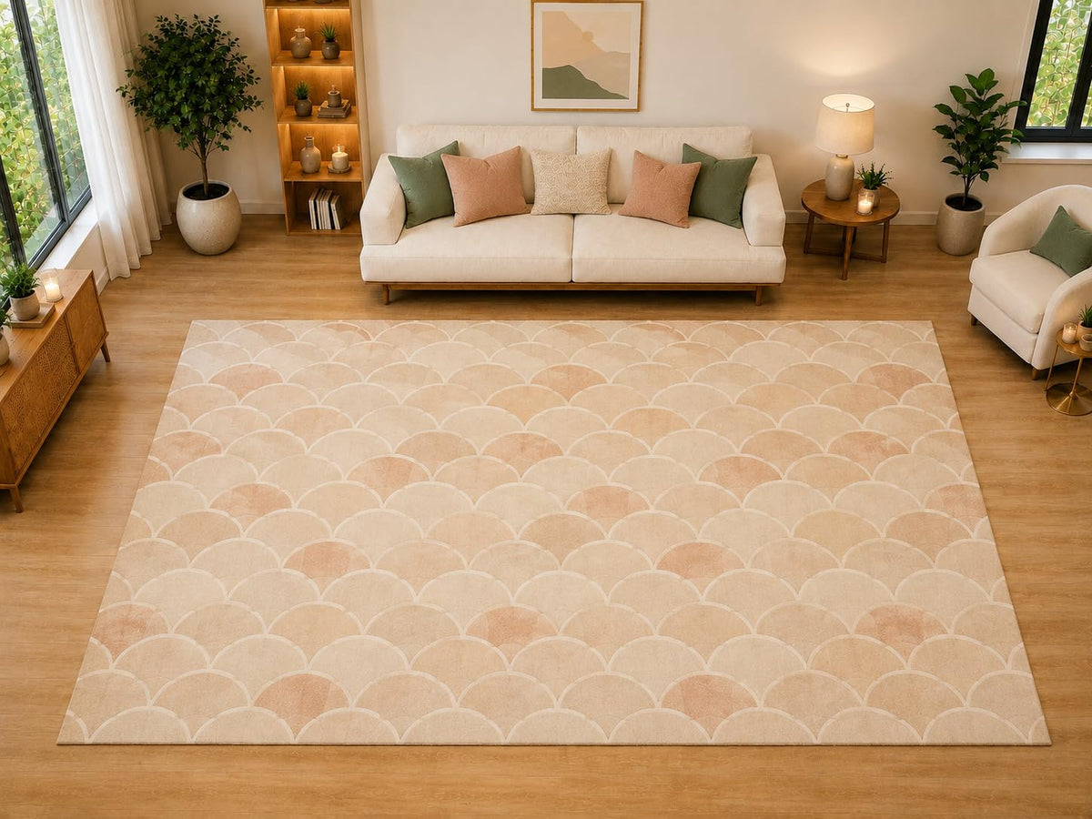 ICE ARMOR "Ultra Light Weight Large 6'7" x 9'10" Scallop Repeat Pattern Area Rug for Living Room, Bedroom, Dining Room, Soft Low Pile Non-Slip Backing, Blush Beige