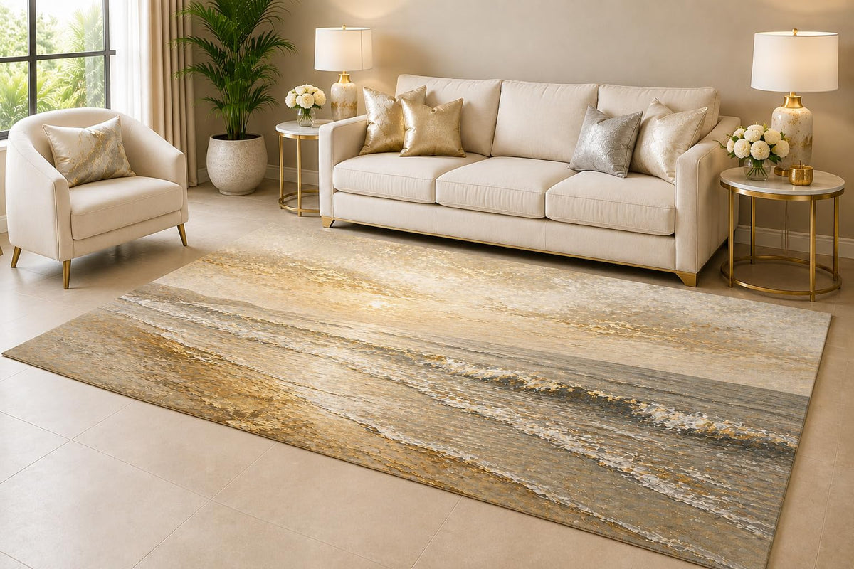 ICE ARMOR 6'7" x 9'10" Coastal Waves Area Rug for Living Room, Soft Low Pile Indoor Rug with Non-Slip Silicone Backing, Decorative Floor Carpet for Bedroom, Dining Room and Home Office, Beige