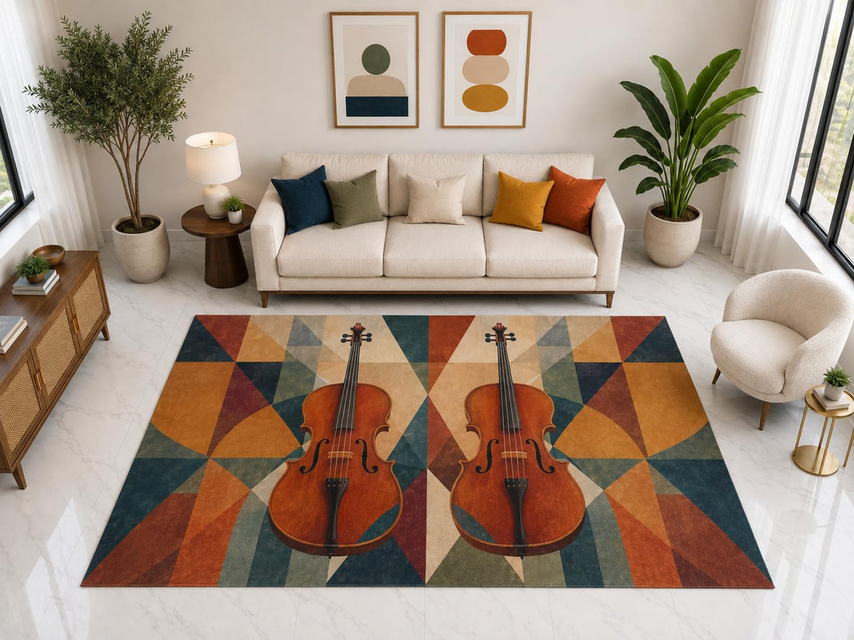 ICE ARMOR "Ultra Light Weight Large 6'7" x 9'10" Double Violin Art Rug, Soft Low Pile Indoor Rug, Non-Slip Silicone Backing for Living Room Brown