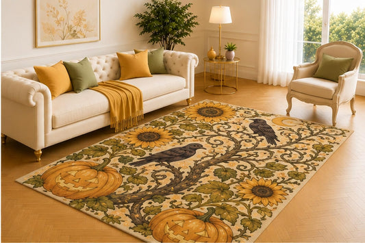 ICE ARMOR 5' x 7' Harvest Raven Sunflower Rug, Cream Botanical Pattern with Pumpkins, Twisting Vines and Moons, Autumn Floor Accent for Living Room, Den or Entryway