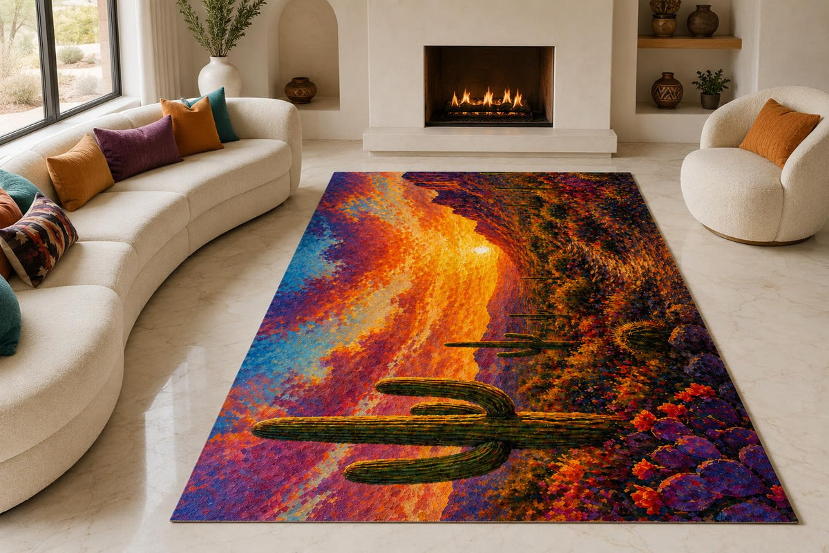 ICE ARMOR "Ultra Lightweight Large 6'7" x 9'10" Cactus Sunset Area Rug for Living Room, Bedroom and Home Office, Soft Low Pile Carpet with Non-Slip Silicone Backing, Orange and Violet