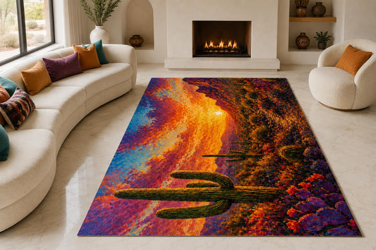 ICE ARMOR "Ultra Lightweight Large 6'7" x 9'10" Cactus Sunset Area Rug for Living Room, Bedroom and Home Office, Soft Low Pile Carpet with Non-Slip Silicone Backing, Orange and Violet