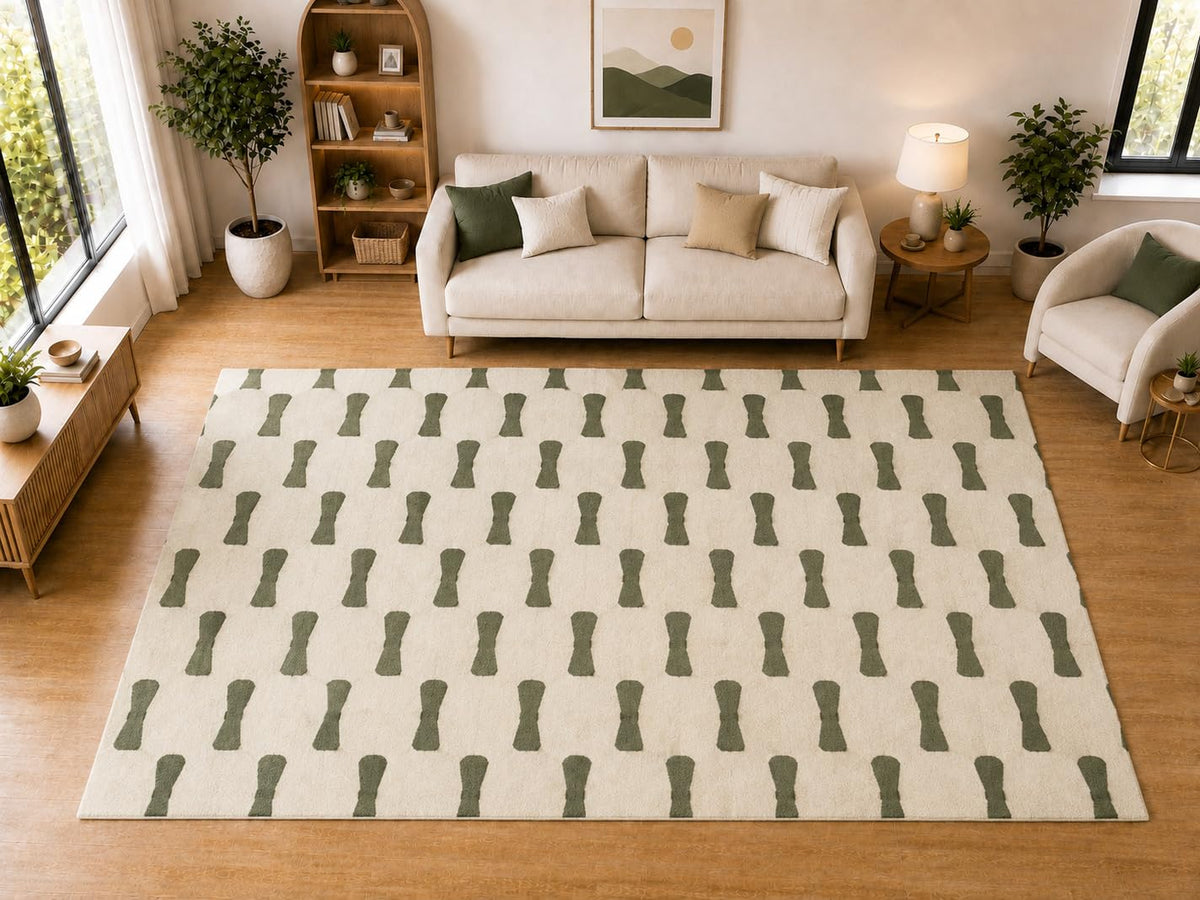 ICE ARMOR "Ultra Light Weight Large 6'7 x 9'10 Olive Hourglass Pattern Area Rug for Living Room Bedroom Dining Room Soft Low Pile Indoor Carpet Modern Geometric Floor Decor