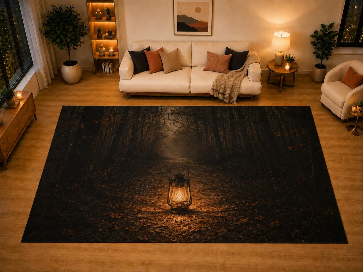 ICE ARMOR "Ultra Light Weight Large 6'7" x 9'10" Dark Forest Lantern Area Rug for Living Room Bedroom, Soft Low Pile Non-Slip Backing, Black Orange Gothic Woodland Decor