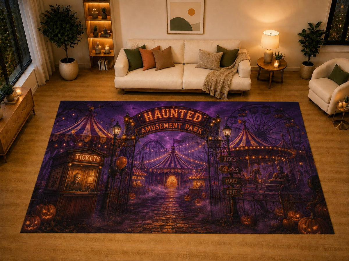 ICE ARMOR "Ultra Light Weight Large 6'7" x 9'10" Haunted Amusement Park Area Rug for Living Room Bedroom Dining Area, Soft Low Pile Non-Slip Backing, Purple Orange Black Carnival Halloween Decor