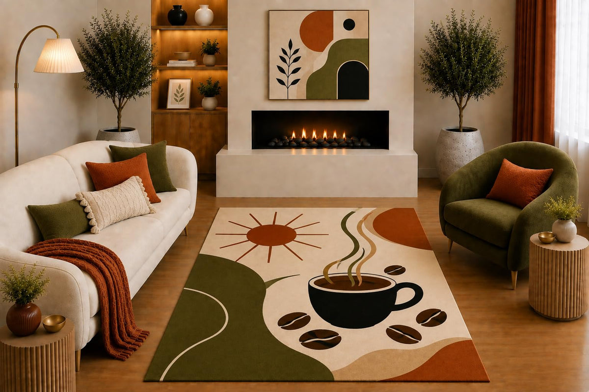 ICE ARMOR "Ultra Light Weight 5' x 7' Retro Coffee Area Rug Olive Green Rust Beige Coffee Cup Beans Sun Abstract Design for Kitchen Dining Room Living Room Non-Slip Silicone Backing Low Pile