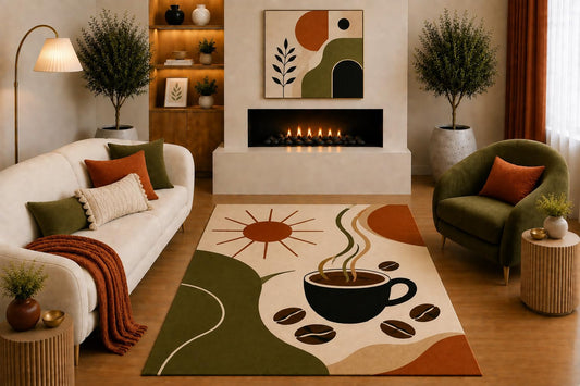 ICE ARMOR "Ultra Light Weight 5' x 7' Retro Coffee Area Rug Olive Green Rust Beige Coffee Cup Beans Sun Abstract Design for Kitchen Dining Room Living Room Non-Slip Silicone Backing Low Pile