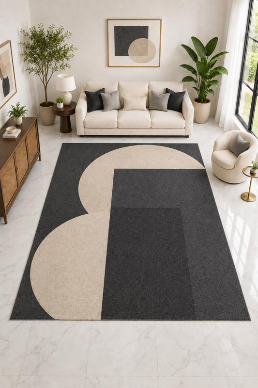 ICE ARMOR "Ultra Light Weight Large 6'7" x 9'10" Abstract Circle Block Rug, Soft Low Pile Indoor Rug, Non-Slip Silicone Backing Living Room Black