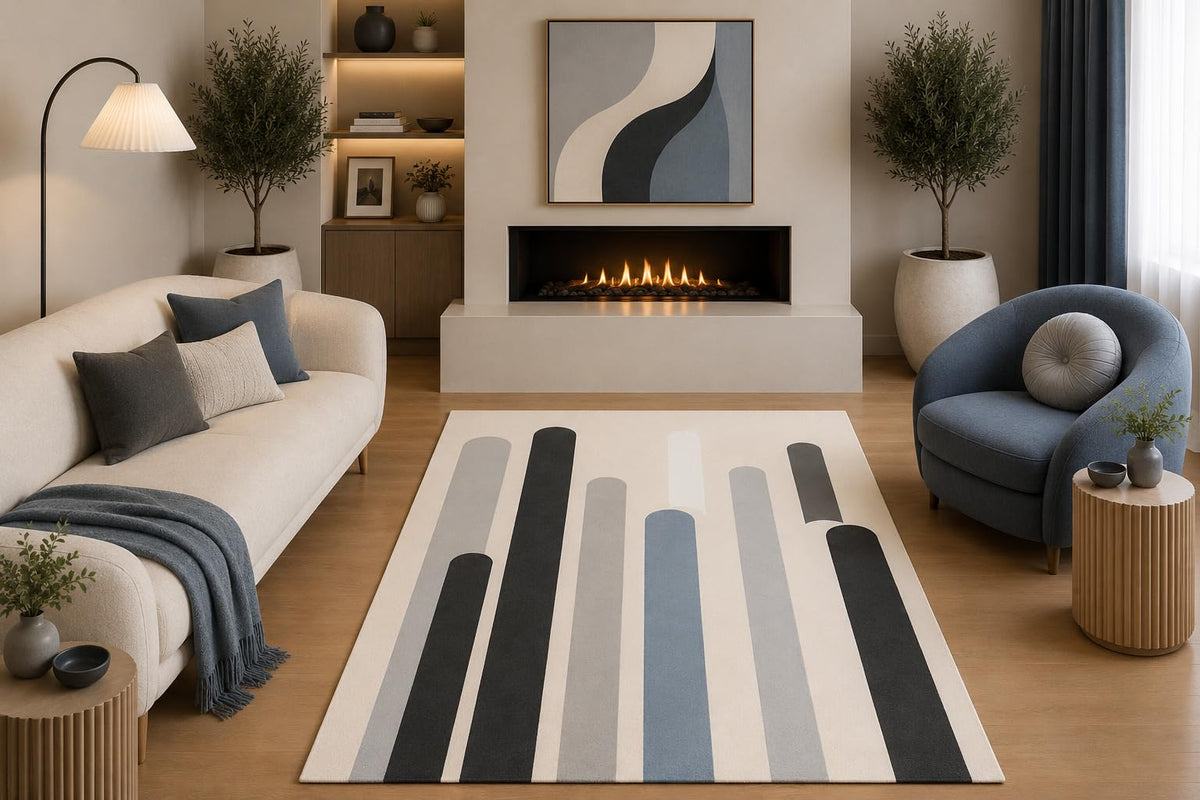 ICE ARMOR 5' x 7' Modern Abstract Area Rug Gray Blue Black Rounded Stripe Design for Living Room Bedroom Dining Room Office Non-Slip Silicone Backing Low Pile