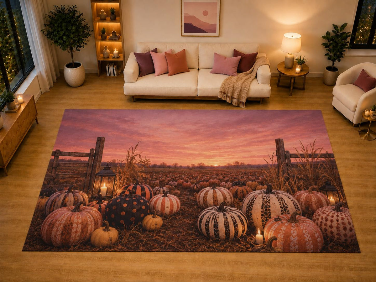 ICE ARMOR "Ultra Light Weight Large 6'7" x 9'10" Pumpkin Patch Halloween Area Rug for Living Room Bedroom Dining Area, Soft Low Pile Non-Slip Backing, Orange Black Rustic Autumn Decor
