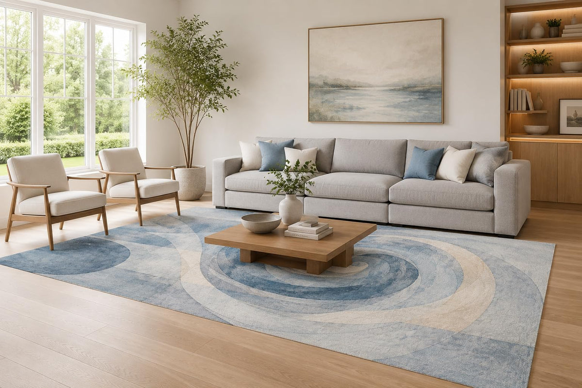 ICE ARMOR Large 6'7" x 9'10" Blue and Ivory Circular Tide Area Rug for Living Room, Soft Low Pile Carpet with Non-Slip Silicone Backing, Decor for Bedroom, Dining Area and Home Office