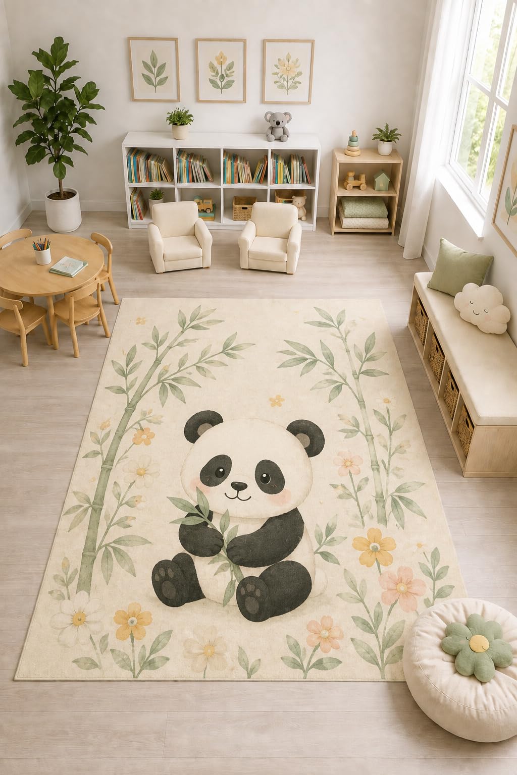 ICE ARMOR "Ultra Light Weight Large 6'7" x 9'10" Panda Bamboo Floral Rug, Soft Low Pile Indoor Rug, Non-Slip Silicone Backing Nursery Kids Cream