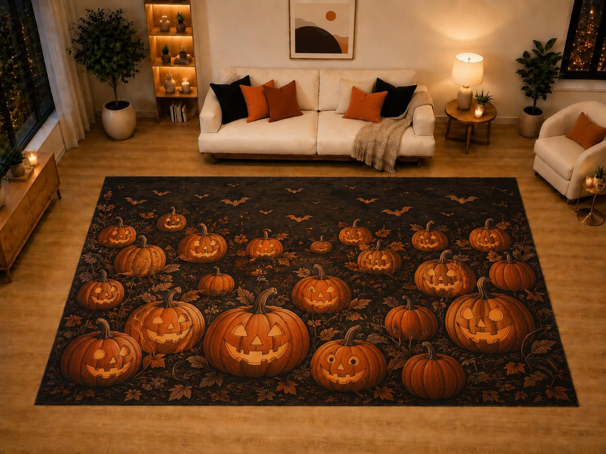 ICE ARMOR "Ultra Light Weight Large 6'7" x 9'10" Pumpkin Patch Area Rug for Living Room Bedroom, Soft Low Pile Non-Slip Backing, Black Orange Bat Halloween Decor