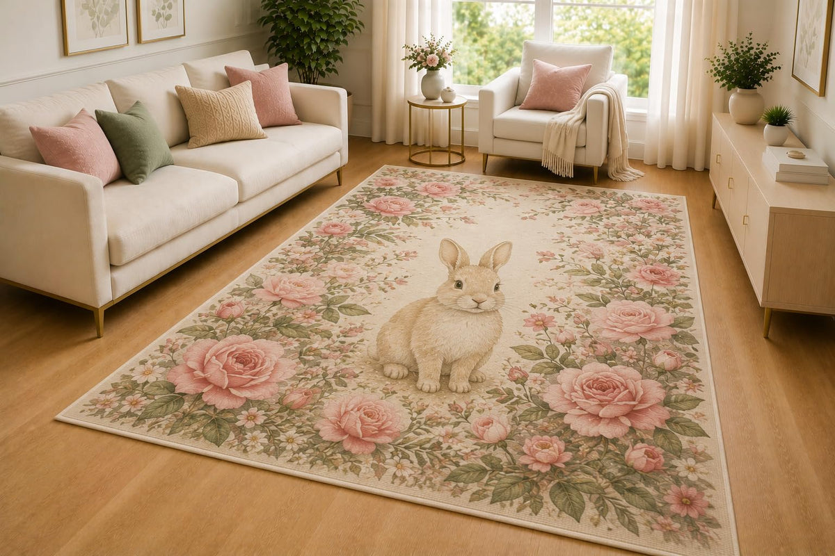 ICE ARMOR 5' x 7' Bunny Rose Garden Area Rug for Living Room, Soft Low Pile Indoor Rug with Non-Slip Silicone Backing, Floral Carpet for Bedroom, Nursery, Playroom, Kids & Pets, Pink Beige Green