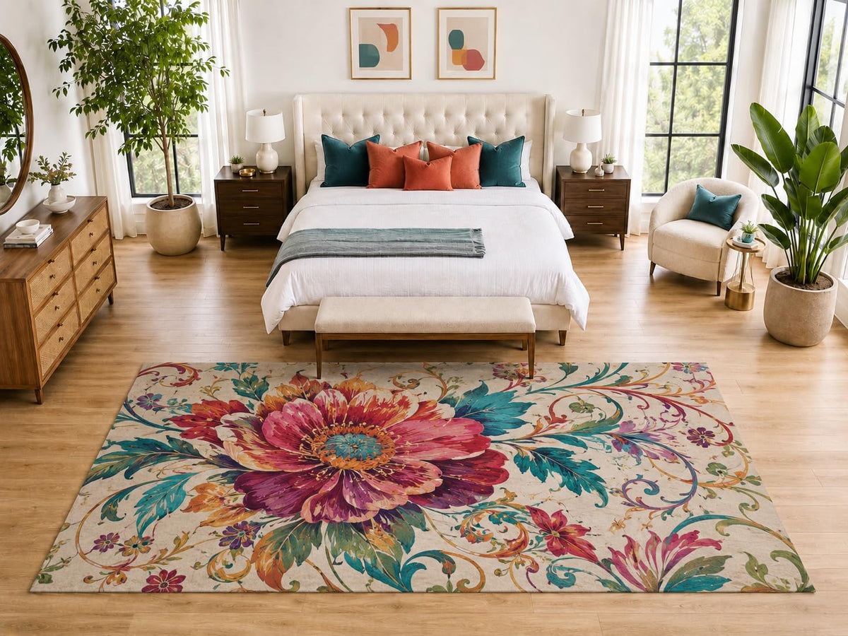 ICE ARMOR "Ultra Light Weight Large 6'7" x 9'10" Oversized Floral Bloom Rug, Soft Low Pile Indoor Rug, Non-Slip Silicone Backing for Bedroom Beige