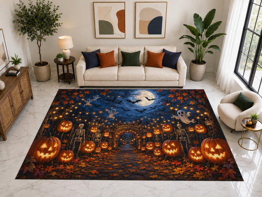 ICE ARMOR "Ultra Light Weight Large 6'7" x 9'10" Pumpkin Festival Rug, Soft Low Pile Indoor Rug, Non-Slip Silicone Backing for Living Room Orange