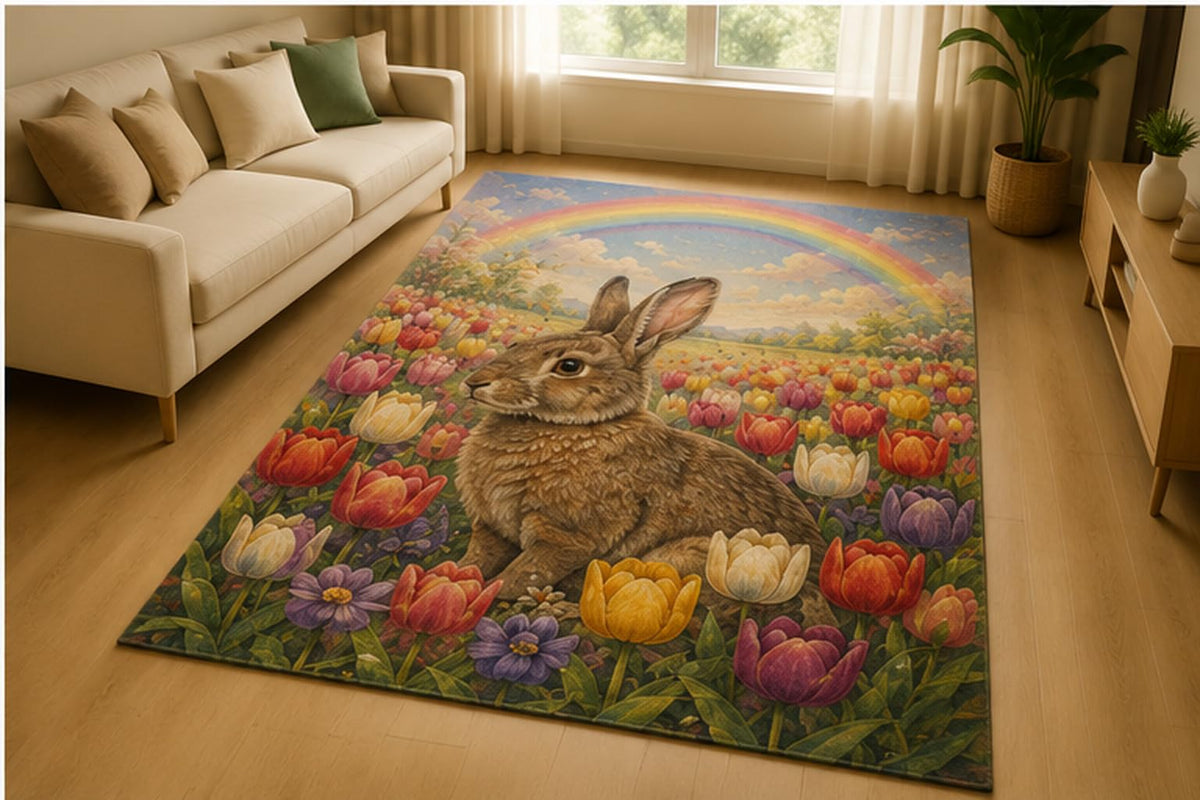 ICE ARMOR 5' x 7' Rabbit Rainbow Tulip Garden Area Rug for Living Room, Soft Low Pile Indoor Rug with Non-Slip Silicone Backing, Spring Floral Decor for Bedroom, Nursery, Kids Room, Kids & Pets