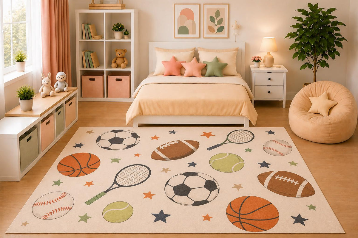 ICE ARMOR 5' x 7' Kids Area Rug Multi Sports Equipment Rug Soccer Basketball Baseball Football Tennis Bedroom Playroom Decor Non-Slip Silicone Backing Low Pile