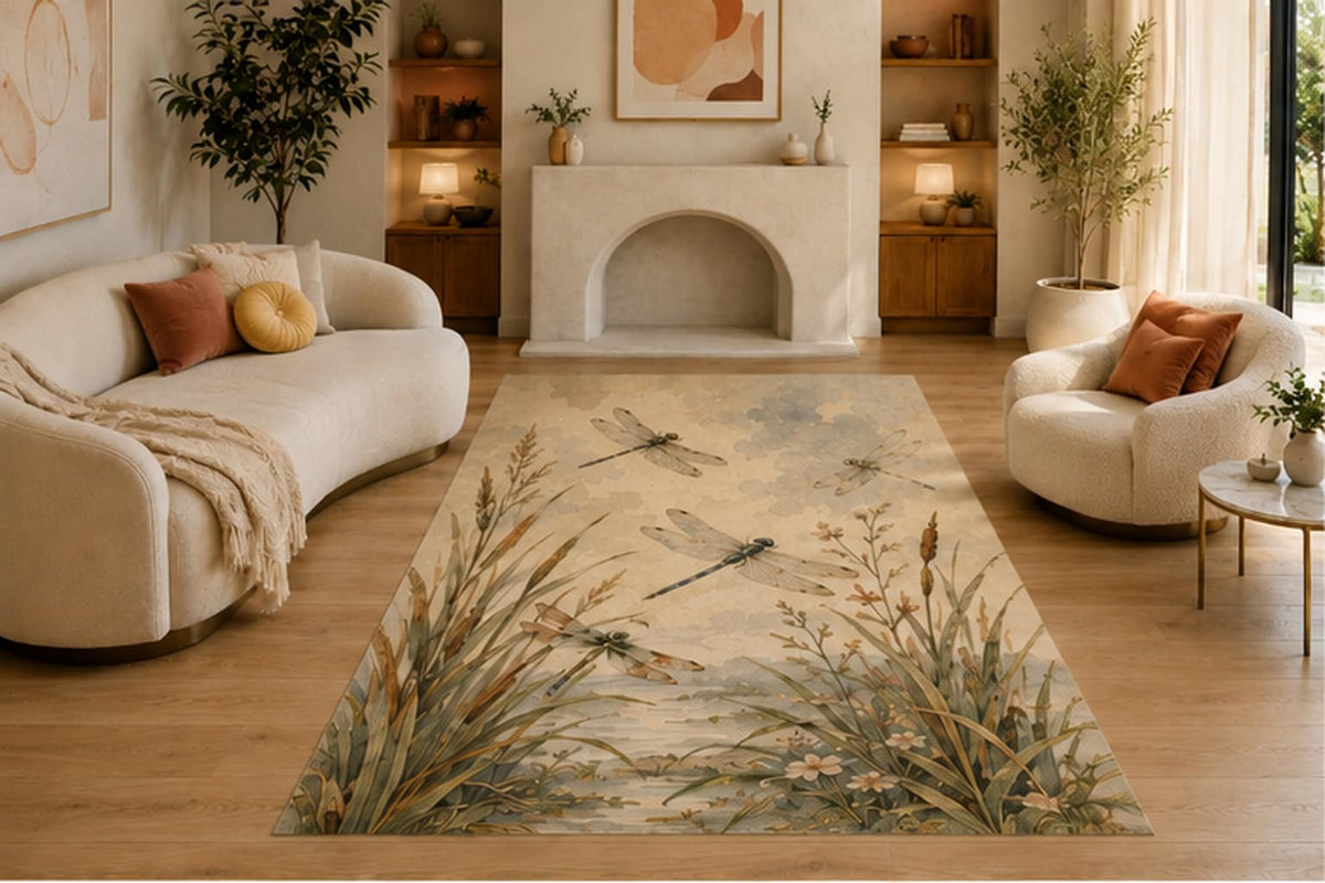 ICE ARMOR 5' x 7' Dragonfly Garden Area Rug, Soft Low Pile Non-Slip Indoor Carpet for Living Room, Bedroom, Office, Sunroom and Botanical Nature Home Decor, Beige