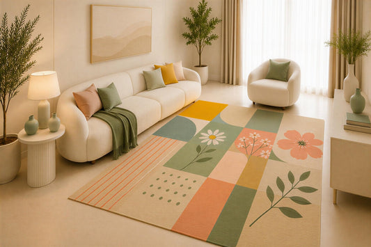 ICE ARMOR 5' x 7' Modern Floral Patchwork Area Rug, Pastel Botanical Geometric Block Design for Living Room Bedroom Office, Non-Slip Silicone Backing, Low Pile Carpet